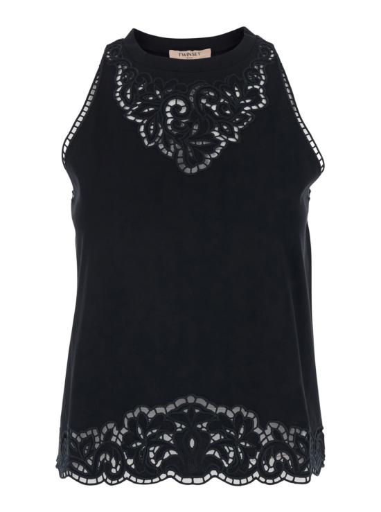  트윈셋 블라우스 레이스 디테일 코튼 탑 블랙
