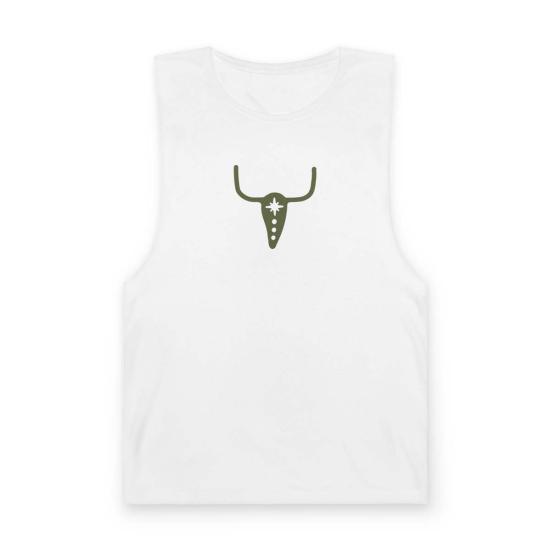  고스트 타운 랜치 민소매 티셔츠 바너드 불 아이콘 & 헤리티지 컴퍼스 탱크탑 화이트