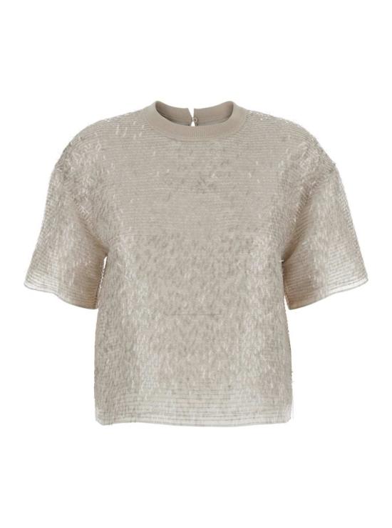  브루넬로 쿠치넬리 반팔 티셔츠 크루넥 티셔츠, 전체 실크 프린지 디테일, 베이지 색상