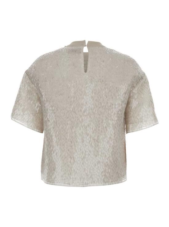  브루넬로 쿠치넬리 반팔 티셔츠 크루넥 티셔츠, 전체 실크 프린지 디테일, 베이지 색상 - BRUNELLO CUCINELLI