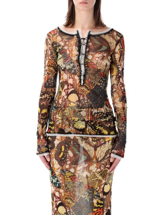  장 폴 고티에 블라우스 리 에디션 버터플라이 튤 탑 옐로우 멀티