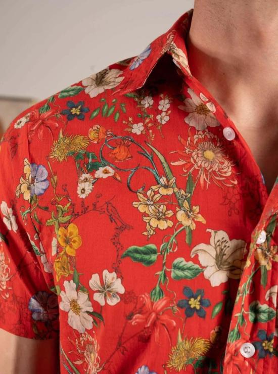  DUSHYANT 반팔 셔츠 Dushyant The Sheril 핸드 프린트 프렌치 레드 플로럴 - OTHER BRANDS