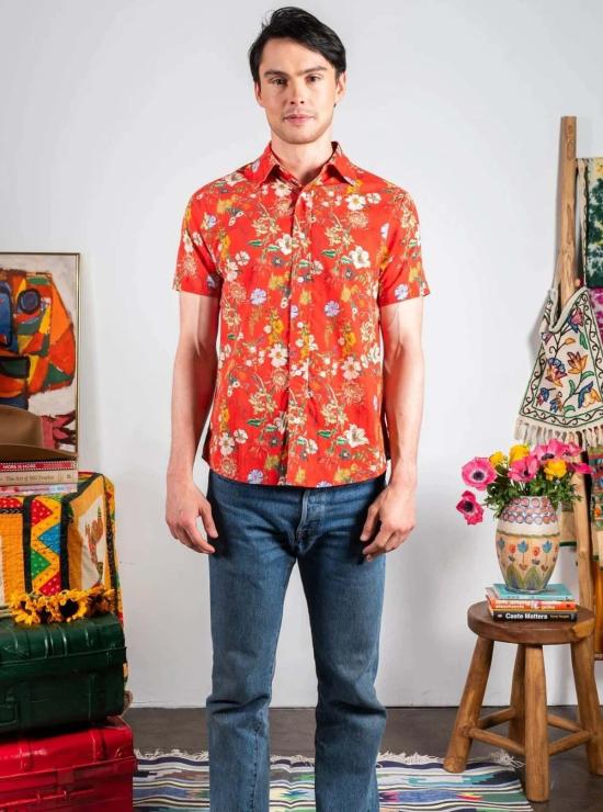  DUSHYANT 반팔 셔츠 Dushyant The Sheril 핸드 프린트 프렌치 레드 플로럴 - DUSHYANT