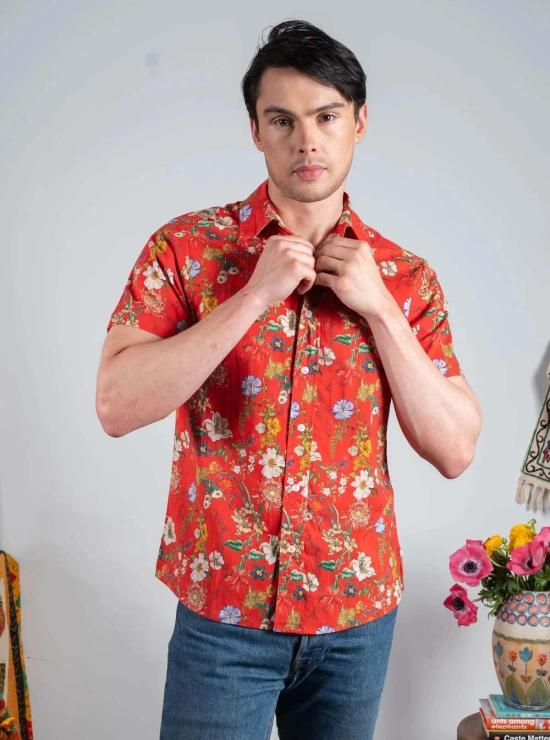  DUSHYANT 반팔 셔츠 Dushyant The Sheril 핸드 프린트 프렌치 레드 플로럴