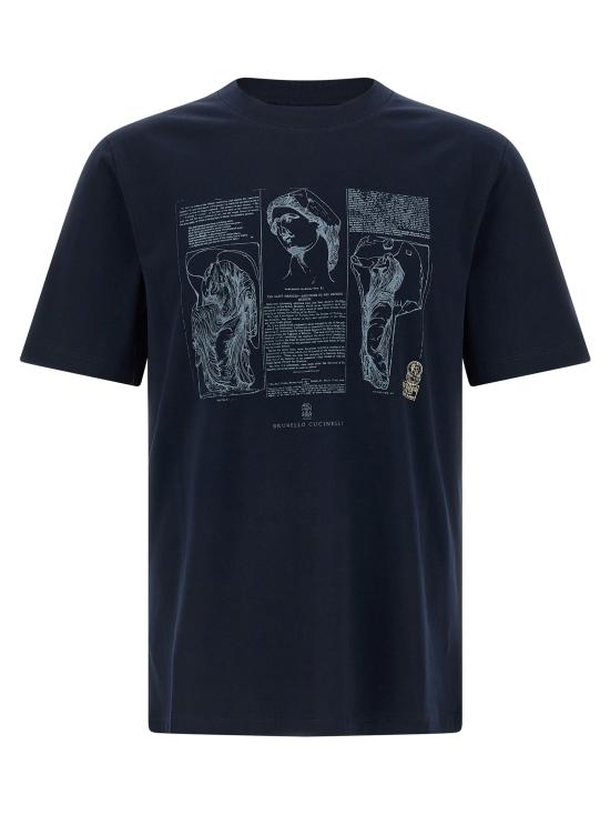 26SS 브루넬로 쿠치넬리 크루넥 프린트 코튼 저지 티셔츠 M0B138517CLI32 Blue
