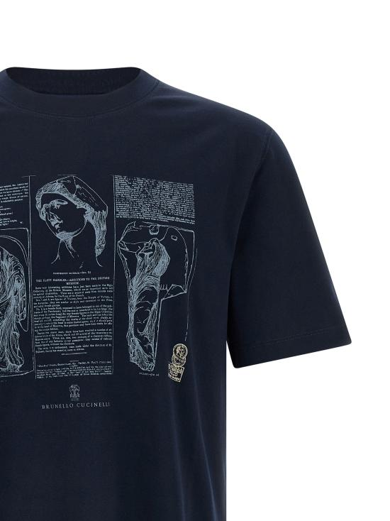 26SS 브루넬로 쿠치넬리 크루넥 프린트 코튼 저지 티셔츠 M0B138517CLI32 Blue - BRUNELLO CUCINELLI