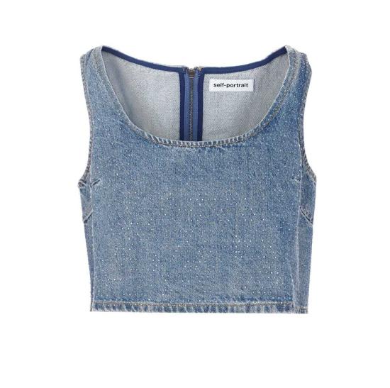  셀프 포트레이트 민소매 티셔츠 라인스톤 데님 크롭탑 블루