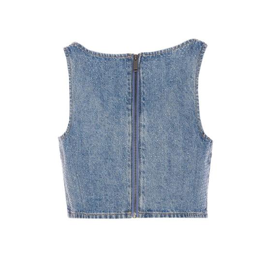  셀프 포트레이트 민소매 티셔츠 라인스톤 데님 크롭탑 블루 - SELF PORTRAIT