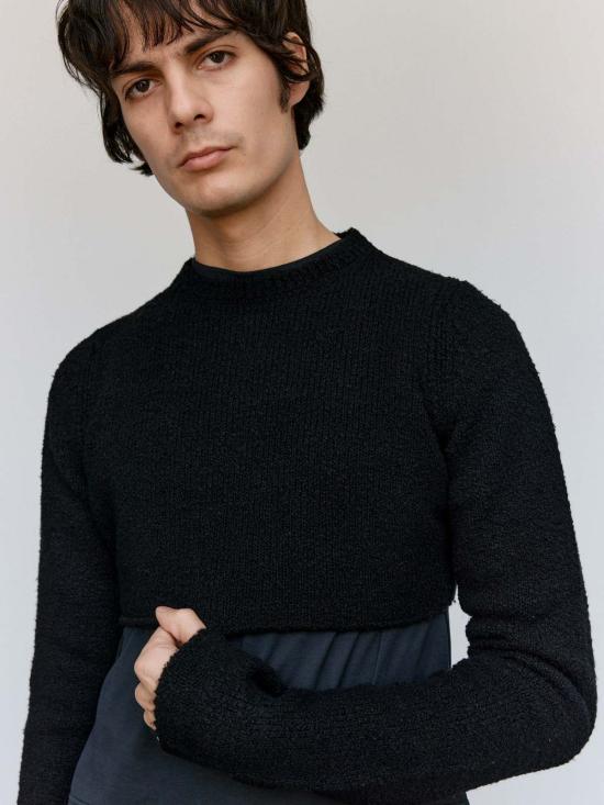  리에르 스웨터 리어 울 부클 라운드넥 크롭 - RIER