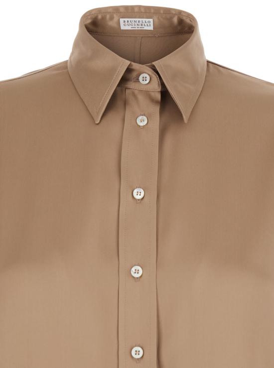  브루넬로 쿠치넬리 블라우스 실크 , 긴 벨 슬리브와 클래식 칼라, 베이지 색상 - BRUNELLO CUCINELLI