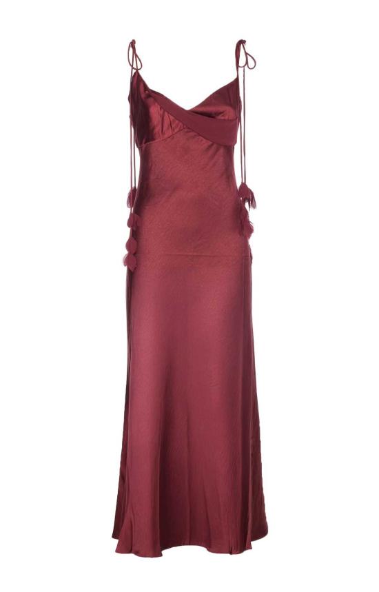  셀프 포트레이트 미디 원피스 새틴 플라워 미디 드레스 레드