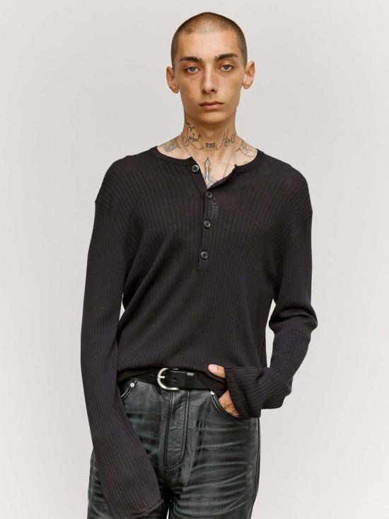  아워레가시 폴로 티셔츠 아워 레거시 노블 네이비 코튼 크레이프 파인 헨리 티셔츠 - OUR LEGACY
