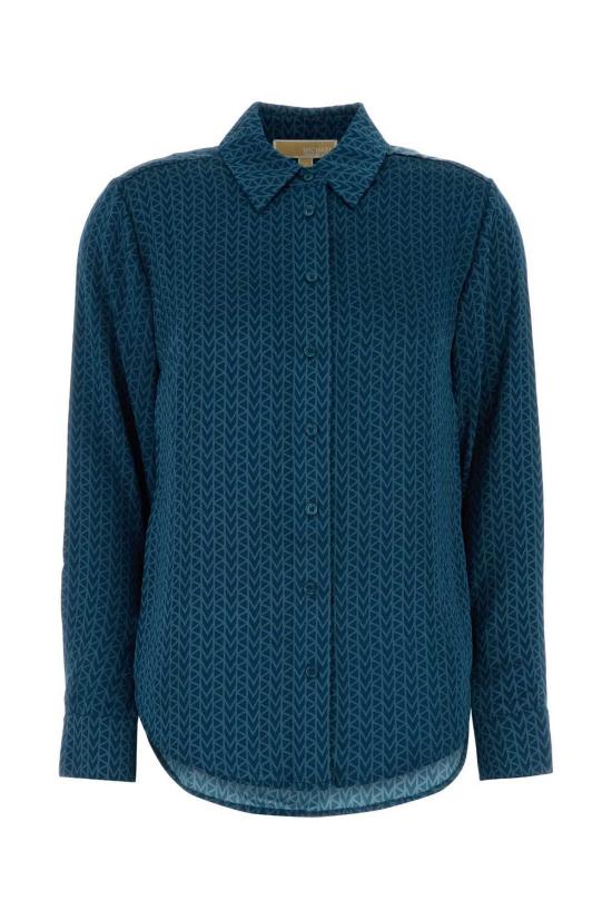  마이클 코어스 탑 프린트 새틴 셔츠 리버 블루