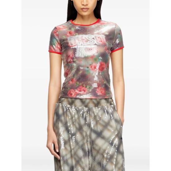  디젤 반팔 티셔츠 플로럴 시퀸 티셔츠 브라운/그린 - DIESEL