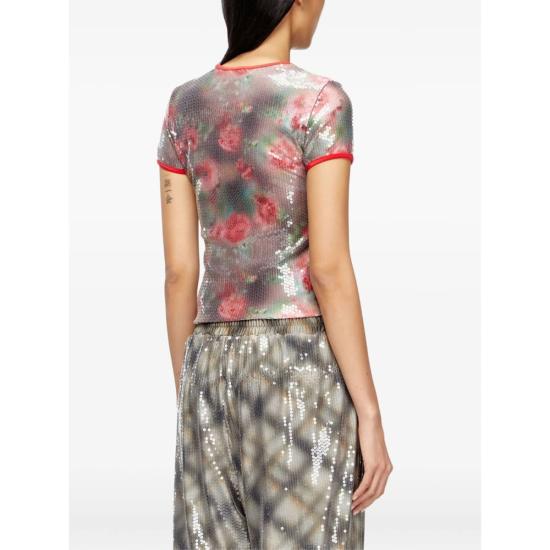  디젤 반팔 티셔츠 플로럴 시퀸 티셔츠 브라운/그린 - DIESEL