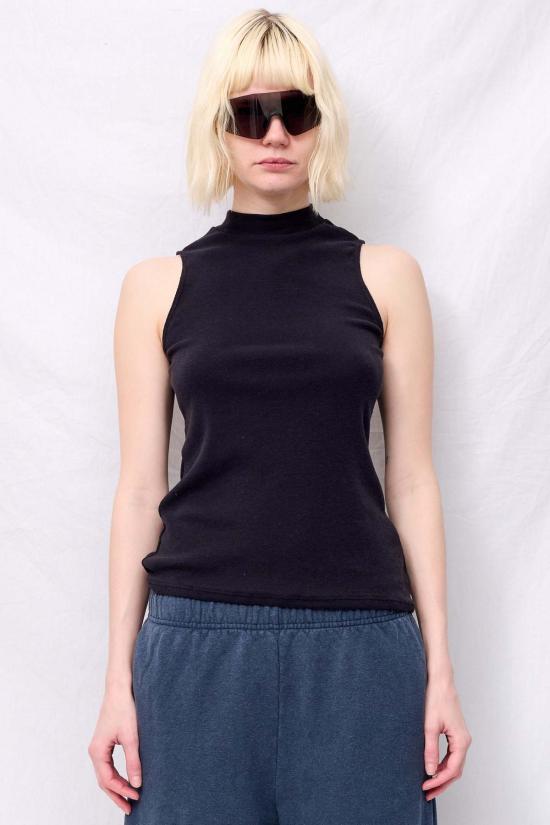  영메이븐 바디수트 티셔츠 Jungmaven 블랙 마리포사 슬리브리스 모크 티 탑