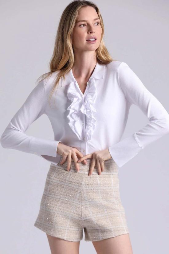  미니 로즈 탑 긴팔 칼라 러플 셔츠 화이트