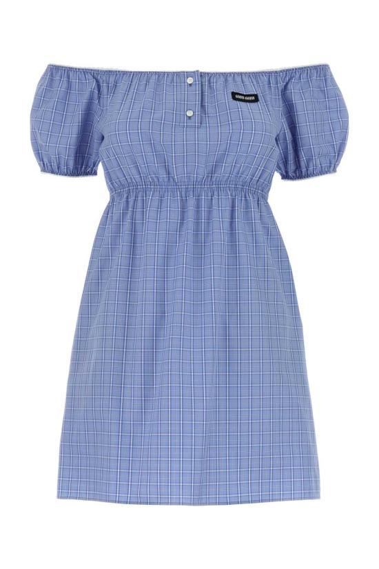  미우미우 숏 원피스 자수 포플린 미니 드레스 셀레스트