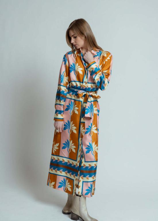  오디 롱 원피스 오데 실크 야자 부채 드레스 카리브 블루 - ODEEH