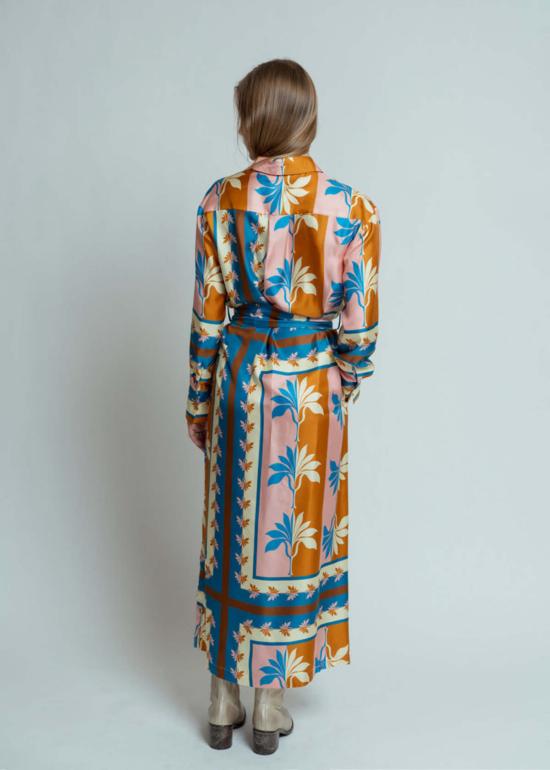  오디 롱 원피스 오데 실크 야자 부채 드레스 카리브 블루 - ODEEH