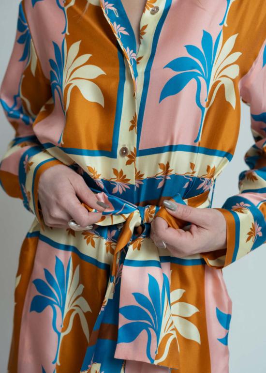  오디 롱 원피스 오데 실크 야자 부채 드레스 카리브 블루 - ODEEH