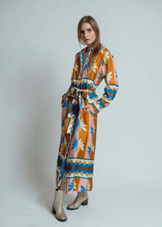  오디 롱 원피스 오데 실크 야자 부채 드레스 카리브 블루