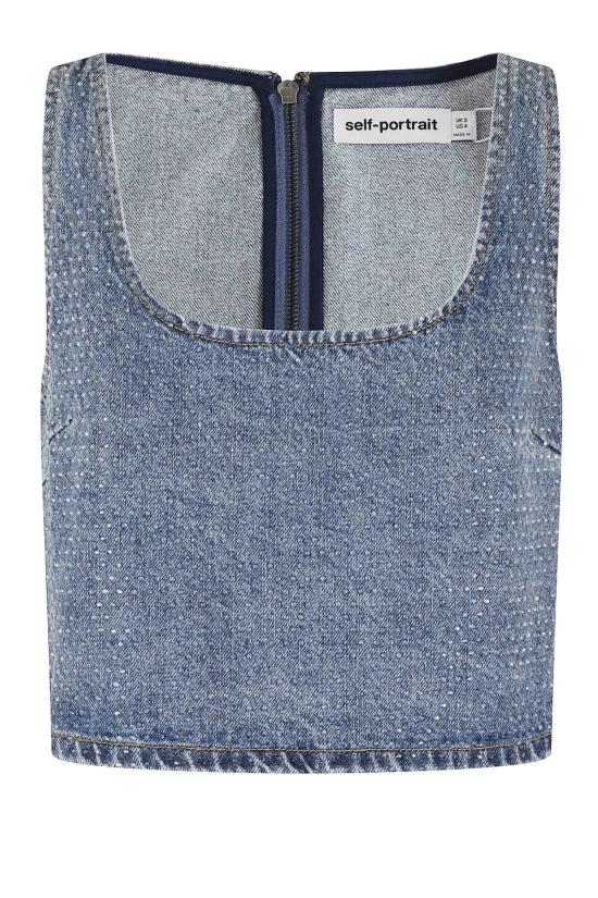  셀프 포트레이트 민소매 티셔츠 라인스톤 데님 크롭탑 (블루)