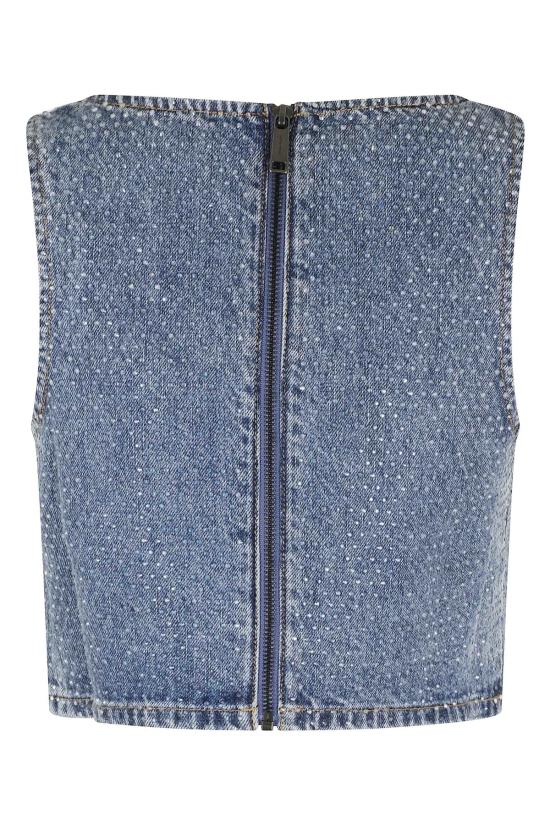  셀프 포트레이트 민소매 티셔츠 라인스톤 데님 크롭탑 (블루) - SELF PORTRAIT