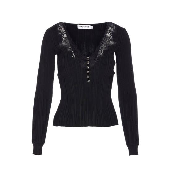  셀프 포트레이트 블라우스 레이스 니트 탑 블랙