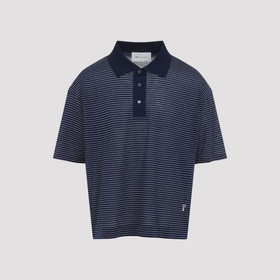  아미 폴로 티셔츠 Ami Alexandre Mattiussi 스트라이프 박시 핏 폴로 셔츠 Encre Blanc - AMI