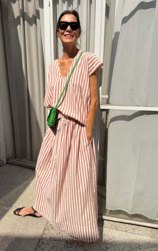  Two 롱 스커트 테라코타/내추럴 스트라이프 개더  (두 개)