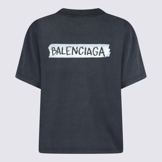  발렌시아가 반팔 티셔츠 블랙 코튼 티셔츠 워싱 블랙 - BALENCIAGA