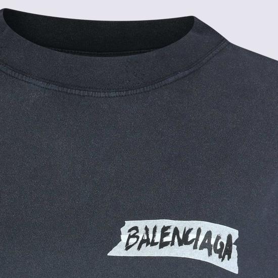  발렌시아가 반팔 티셔츠 블랙 코튼 티셔츠 워싱 블랙 - BALENCIAGA