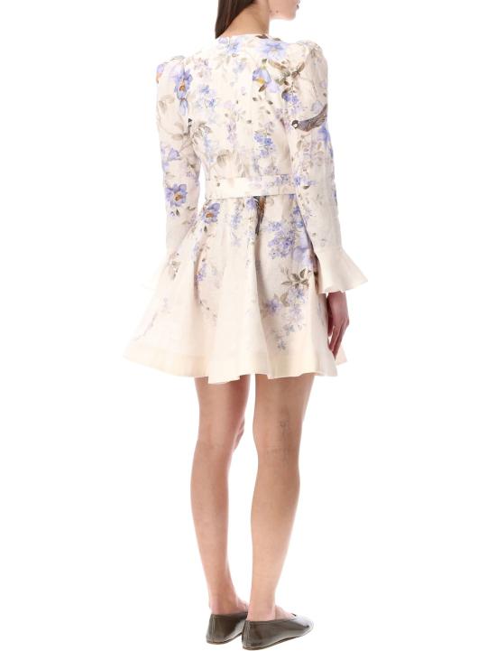  짐머만 숏 원피스 지머만 루나 플런지 미니 드레스 블루 송 버드 크림 - ZIMMERMANN