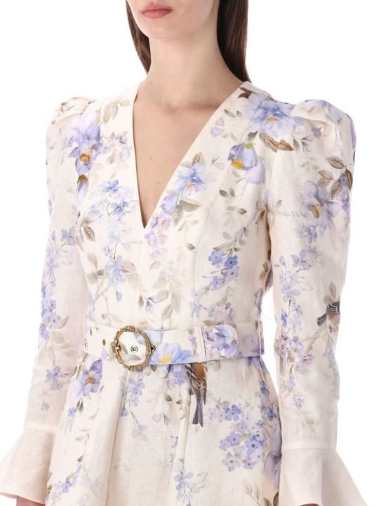  짐머만 숏 원피스 지머만 루나 플런지 미니 드레스 블루 송 버드 크림 - ZIMMERMANN