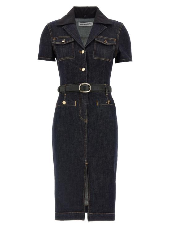  셀프 포트레이트 미디 원피스 인디고 데님 미디 드레스 블루