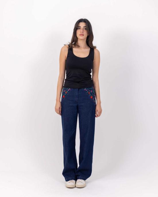  Deerah 데님 팬츠 디라 자수 와이드 레그 진 데님 - OTHER BRANDS