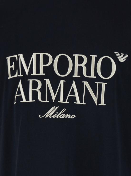  엠포리오 아르마니 반팔 티셔츠 크루넥 티셔츠, 맥시 로고 자수, 블루 색상 - EMPORIO ARMANI