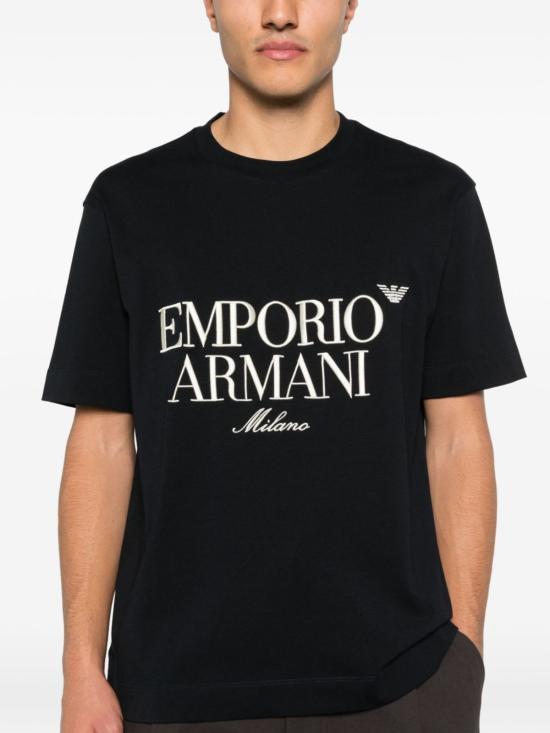  엠포리오 아르마니 반팔 티셔츠 로고 코튼 티셔츠 블루 - EMPORIO ARMANI