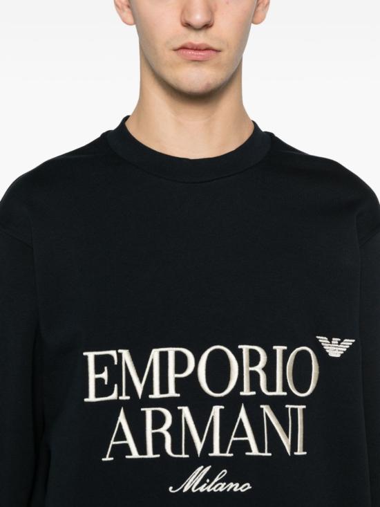  엠포리오 아르마니 긴팔 티셔츠 로고 코튼 스웨트셔츠 블루 - EMPORIO ARMANI