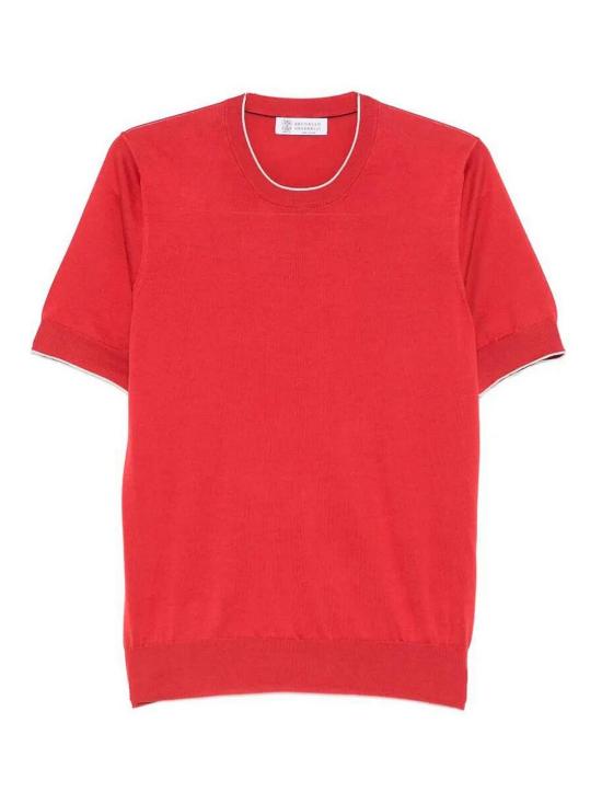 26SS 브루넬로 쿠치넬리 콘트라스트 디테일 코튼 니트 티셔츠 M29805200CPP07 Red