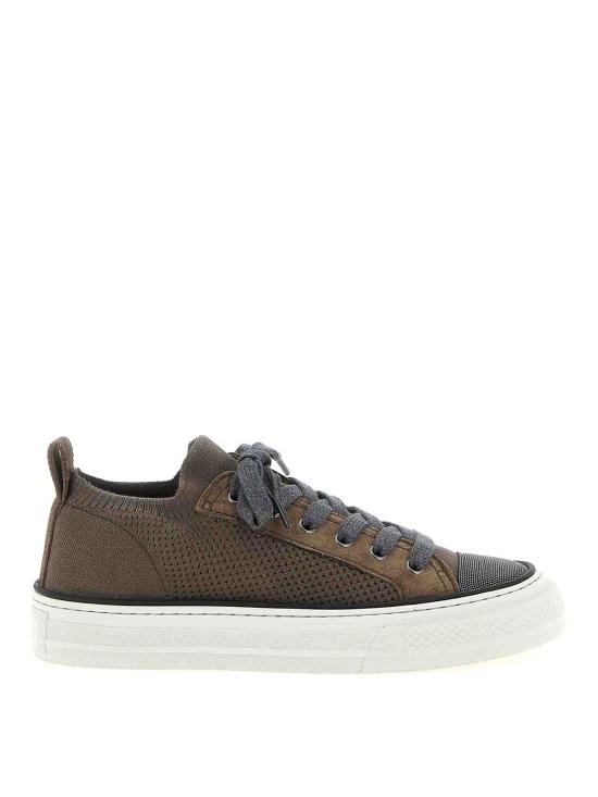 26SS 브루넬로 쿠치넬리 프레셔스 토 코튼 니트 & 스웨이드 스니커즈 MZ35G2650C8705 Brown