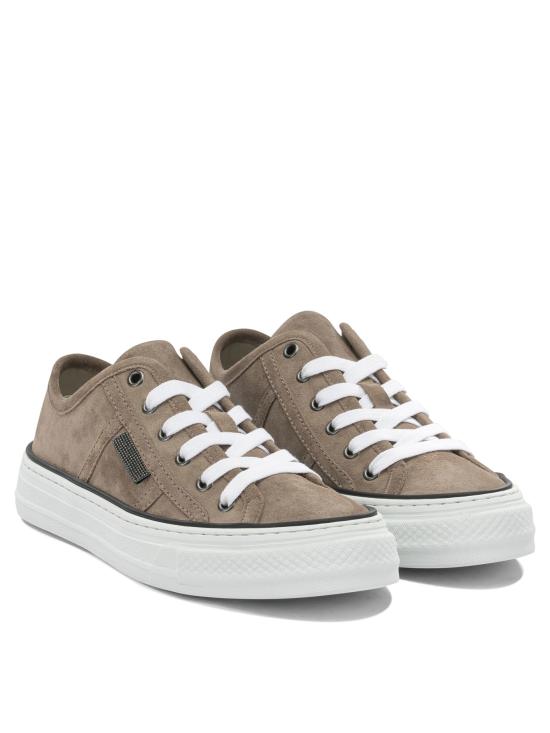 26SS 브루넬로 쿠치넬리 샤이니 탭 스웨이드 스니커즈 MZSFG3221C8849 Beige - BRUNELLO CUCINELLI