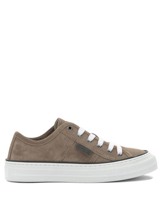 26SS 브루넬로 쿠치넬리 샤이니 탭 스웨이드 스니커즈 MZSFG3221C8849 Beige