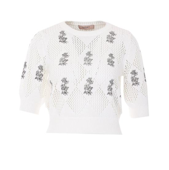  트윈셋 반팔 티셔츠 자수 티셔츠 화이트