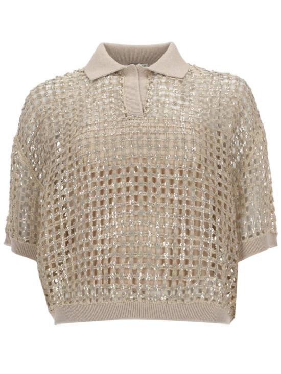  브루넬로 쿠치넬리 반팔 티셔츠 실크 및 린넨 니트 폴로 셔츠 아이보리