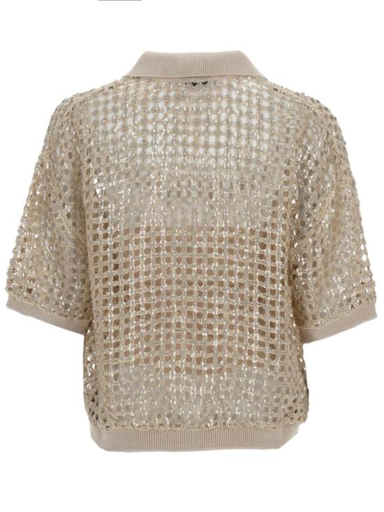  브루넬로 쿠치넬리 반팔 티셔츠 실크 및 린넨 니트 폴로 셔츠 아이보리 - BRUNELLO CUCINELLI