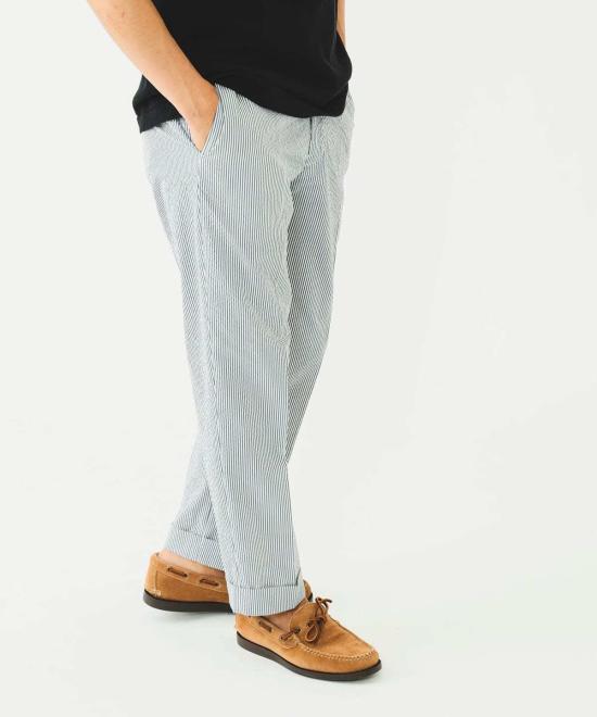  빔스 스트레이트 팬츠 플러스 아이비 팬츠 앵클 컷 쿨맥스 세어서커 블루 스트라이프 - BEAMS