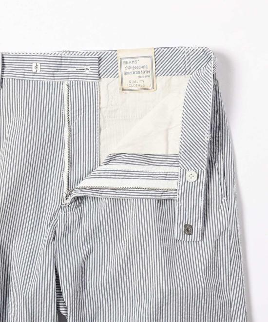  빔스 스트레이트 팬츠 플러스 아이비 팬츠 앵클 컷 쿨맥스 세어서커 블루 스트라이프 - BEAMS