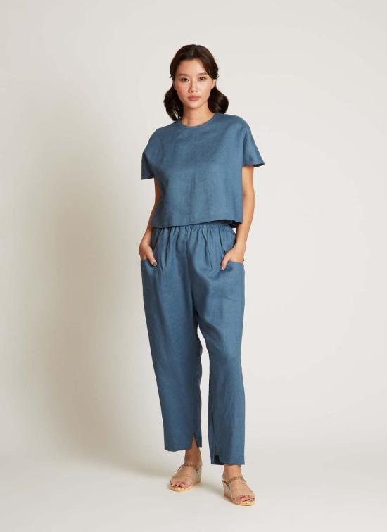  KAAREM 스트레이트 팬츠 카렘 이즈 테이퍼드 린넨 포켓  (남녀공용) 슬레이트 블루 - OTHER BRANDS